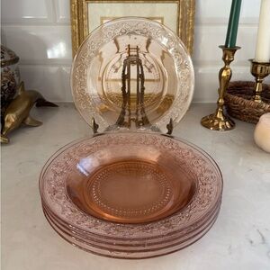 Vintage KIG Malaysia Fleur De Lis Pink Plates ,9" Depression Glass Set of 5
